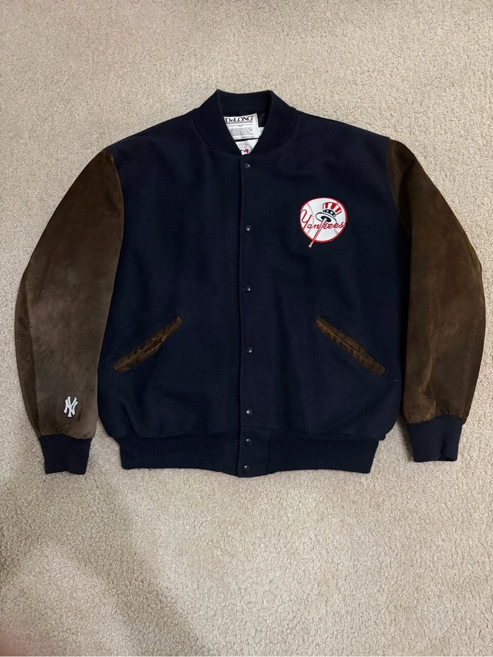 Vintage DeLONG New York Yankees Wool Leather Varsity Jacket XL Made USA 90s